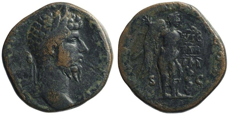 Lucius Verus; AE Sestertius; Victory placing shield