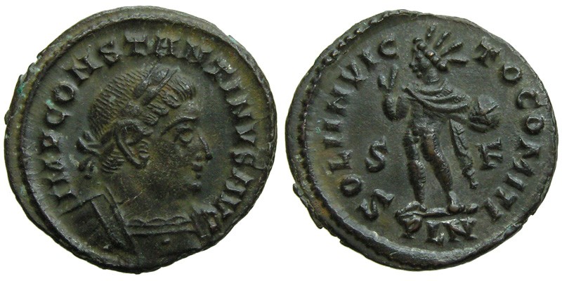 Constantine I; AE Follis, Londinium; Sol