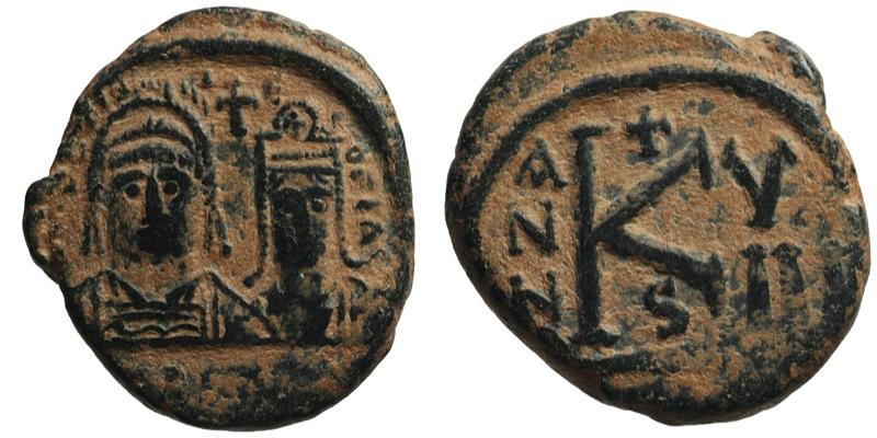 Justin II; AE Half Follis, Carthage; busts of Justin and Sophia