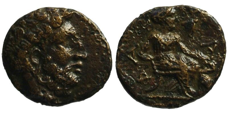 Thessaly, Phalanna; head of Zeus/nymph feeding stork