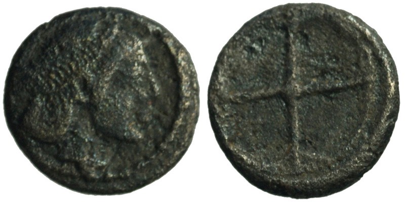 Syracuse, Deinomenid Tyranny; AR Obol; head of Arethusa/wheel