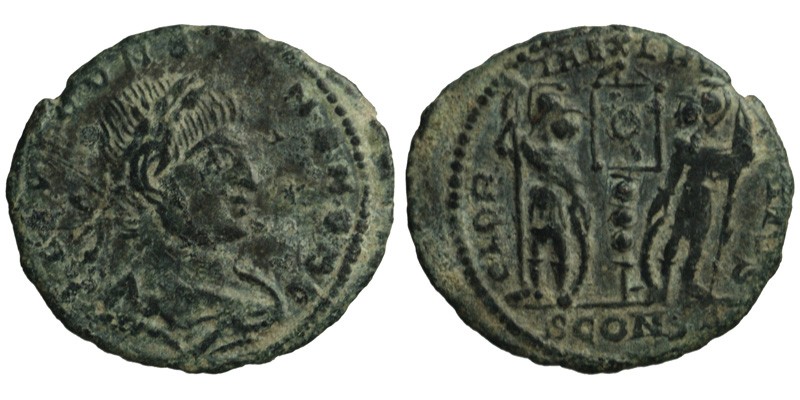 Constans; AE3 Arelate; soldiers with standards