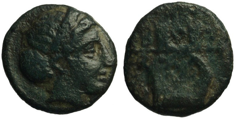 Macedonia, Bottiaia; head of Artemis/kithara