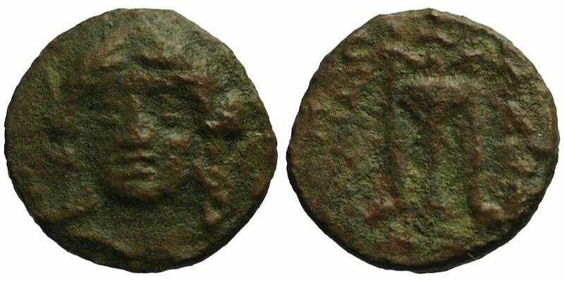 Antiochos II Theos; head of Apollo/tripod