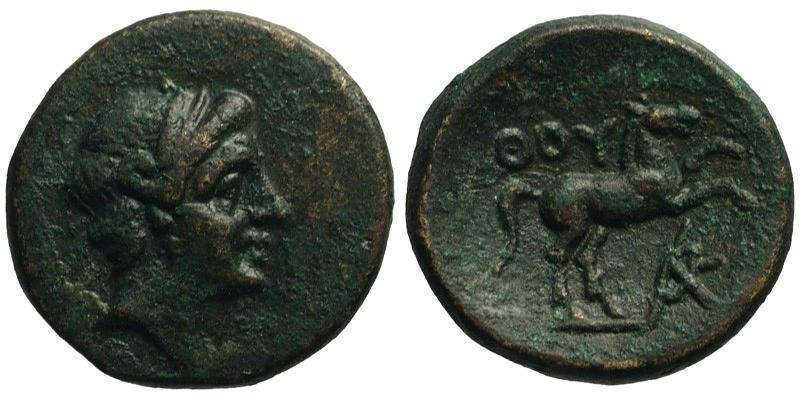 Lucania, Thourioi; head of Apollo/horse