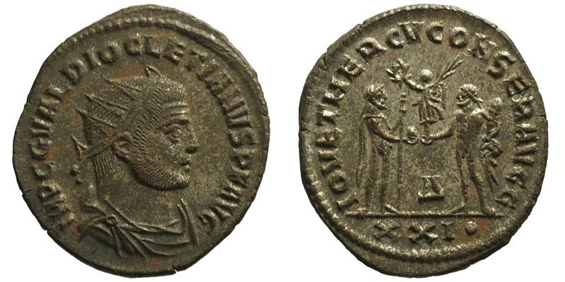 Diocletian; silvered Antoninianus; Jupiter and Hercules