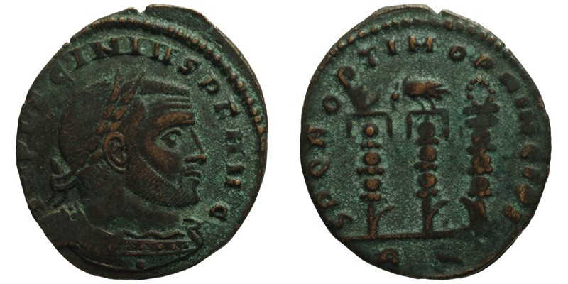 Licinius I; AE Follis, Rome; three standards
