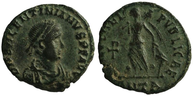 Valentinian II; AE4, Antioch; Victory with captive