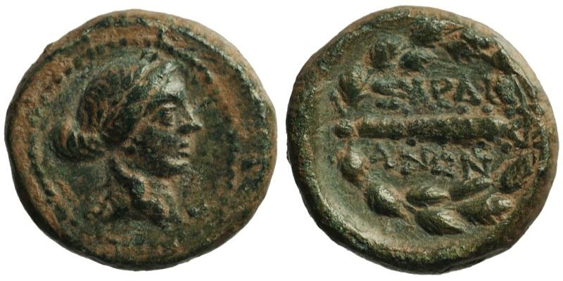 Lydia, Sardes; head of Apollo/club in wreath