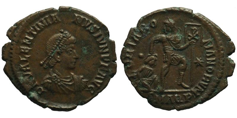 Valentinian II; AE3 Aquileia; emperor dragging captive