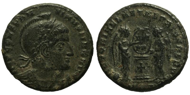Constantine I; AE3 Ticinum; Victories flanking altar