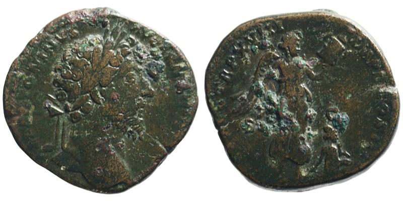 Marcus Aurelius; AE Sestertius; Victory with trophy and captive