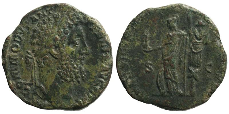 Commodus; AE Sestertius, Rome; Minerva with trophy
