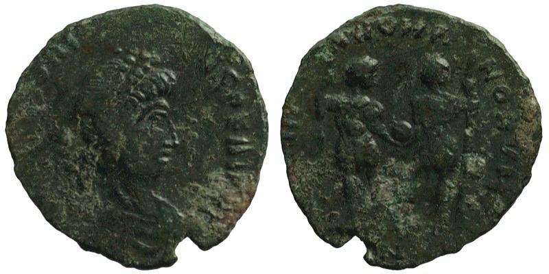 Honorius; AE4 Nicomedia; emperors holding globe