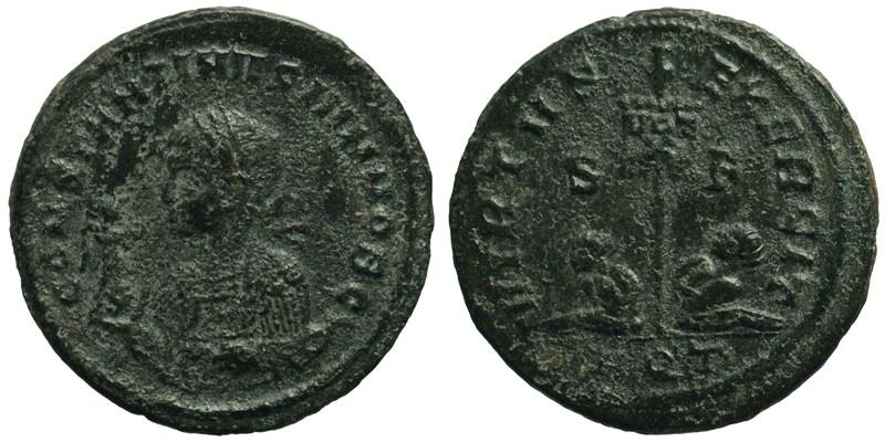 Constantine II; AE3 Aquileia; standard and captives