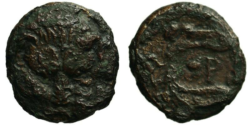 Bruttium, Rhegion; AE Hemiobol; facing lion's head/PH within olive branches