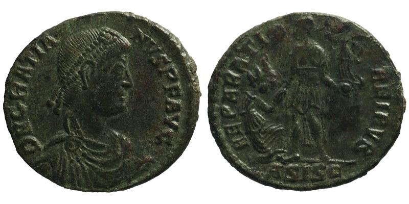 Gratian; AE2 Siscia; emperor with kneeling woman
