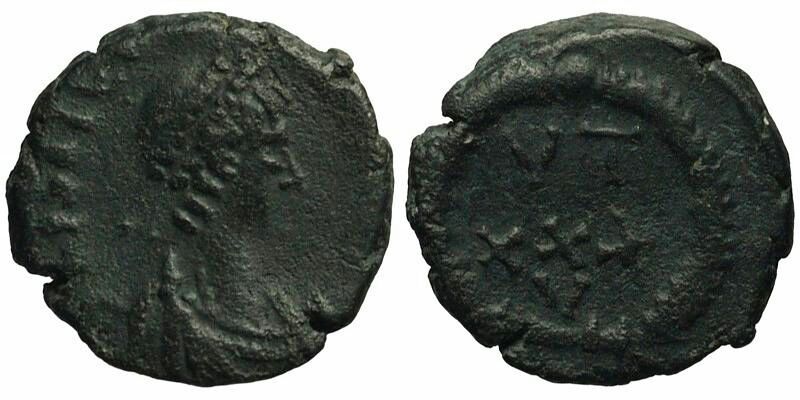 Theodosius II; AE4 Constantinople; vows in wreath