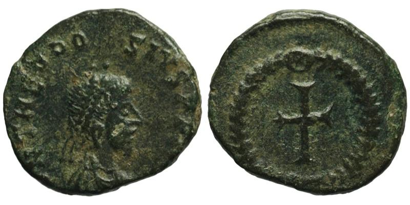 Theodosius II; AE4 Cyzicus; cross in wreath