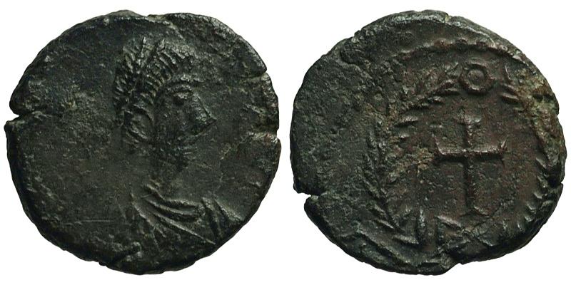 Theodosius II; AE4 Cyzicus; cross in wreath