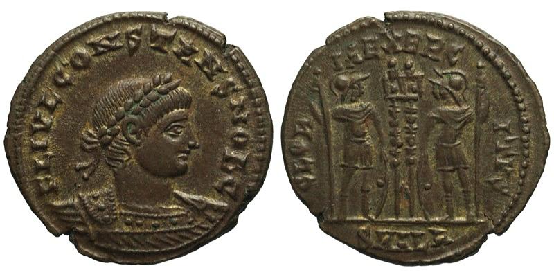 Constans; AE3 Alexandria; soldiers with standards