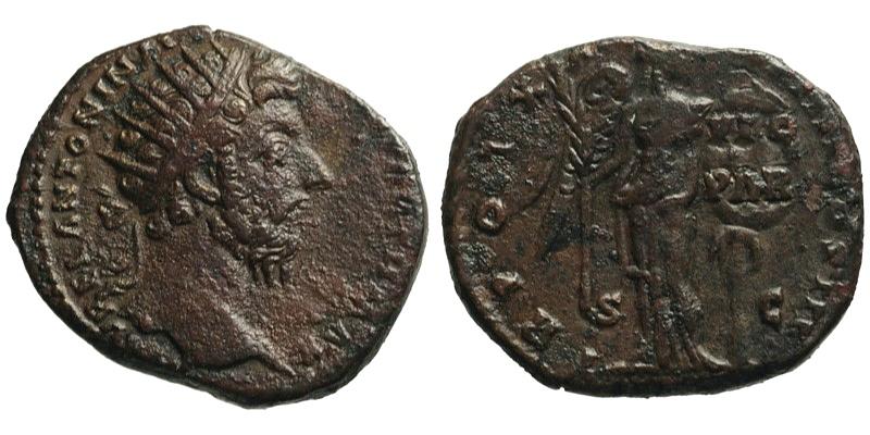 Marcus Aurelius; AE Dupondius; Victory inscribing shield
