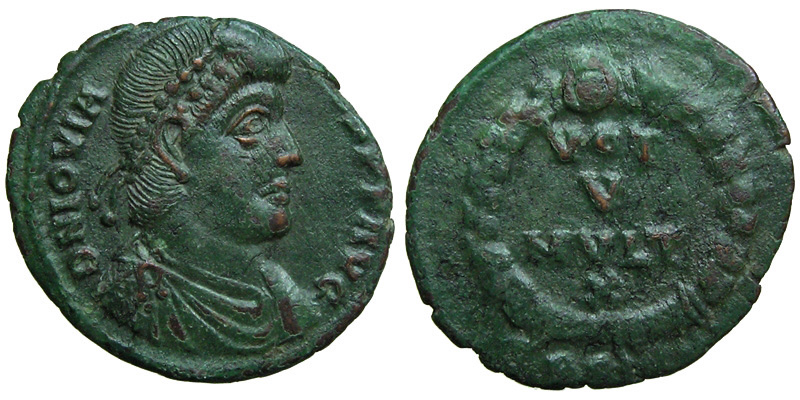 Jovian; AE3 Sirmium; vows in wreath