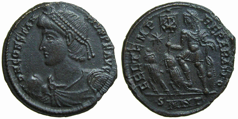 Constantius II; AE2 Nicomedia; emperor with captives