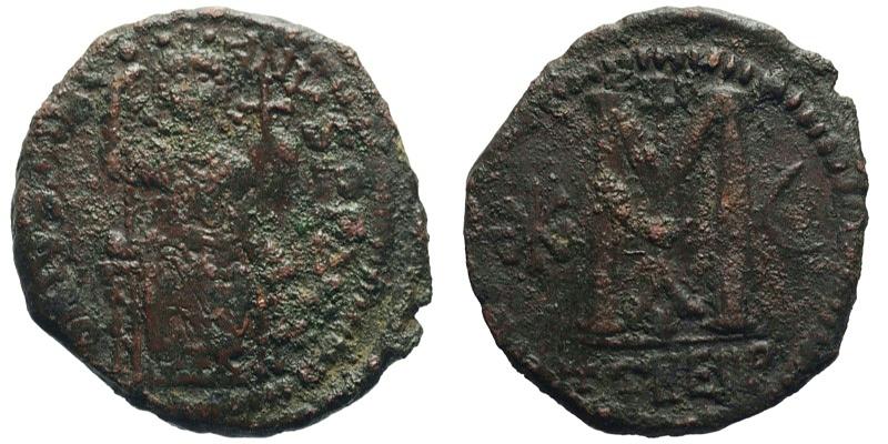 Justinian I; AE Follis, Antioch (Theoupolis); emperor enthroned