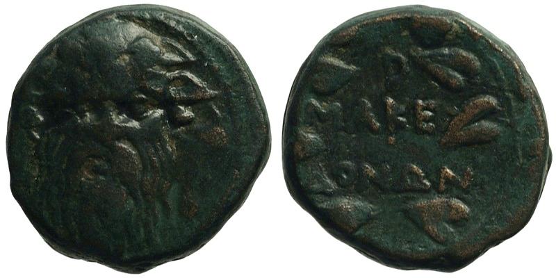 Macedonia, D. Junius Silanus; head of Silenus/legend in wreath