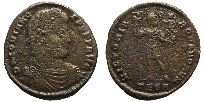 Jovian; AE1 Thessalonica; emperor with standard