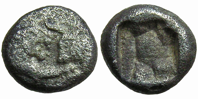 Lydia, Kroisos; 1/12th Stater; lion's and bull's foreparts confronted/incuse