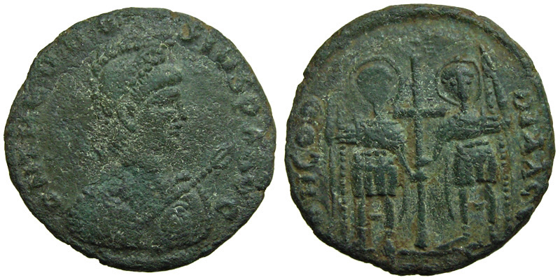 Theodosius II; AE2 Constantinople; two emperors with cross