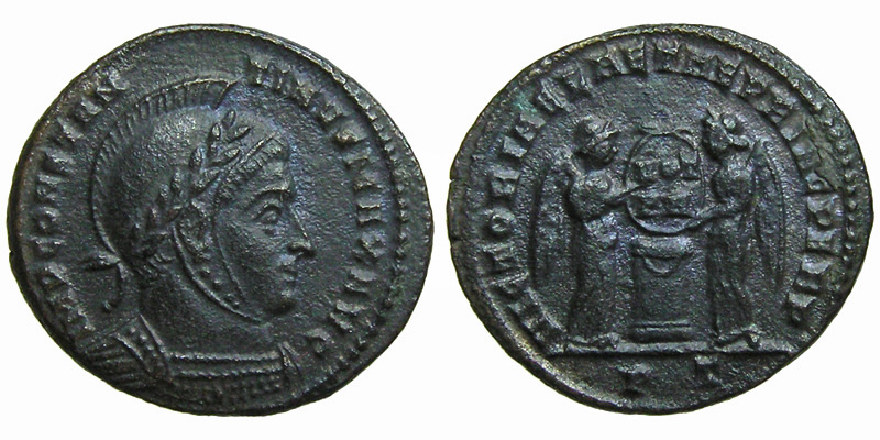 Constantine I; AE3 Ticinum; Victories with shield