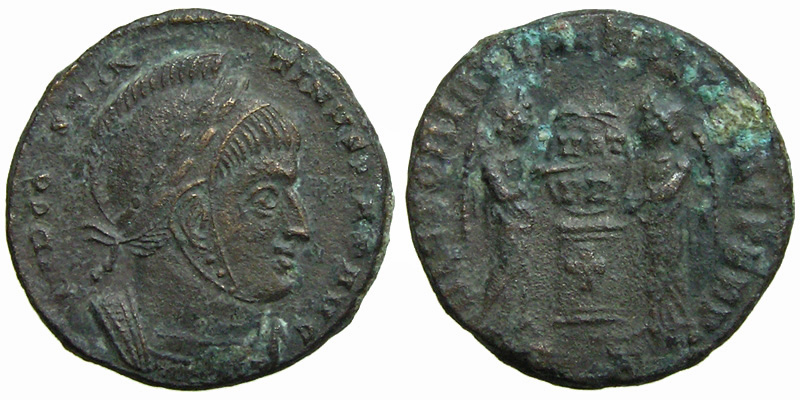 Constantine I; AE3 Ticinum; Victories with shield