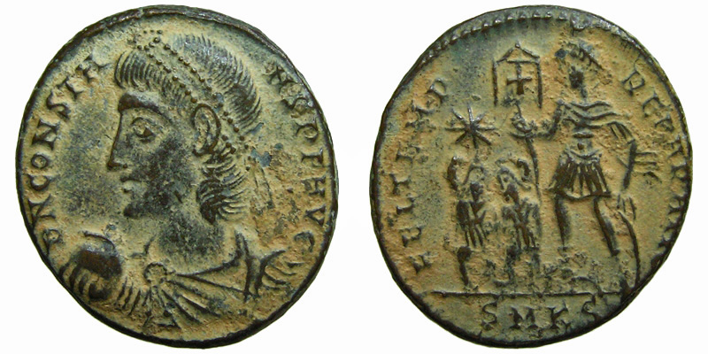 Constans; AE3 Cyzicus; emperor with captives