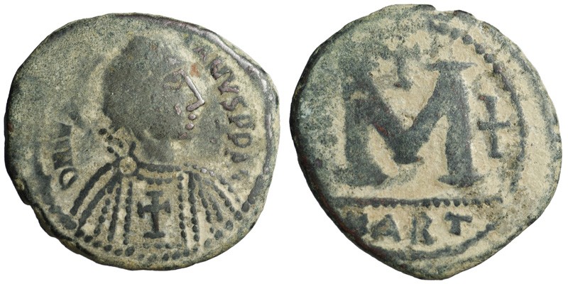 Justinian I; AE Follis, Carthage; bust with cross