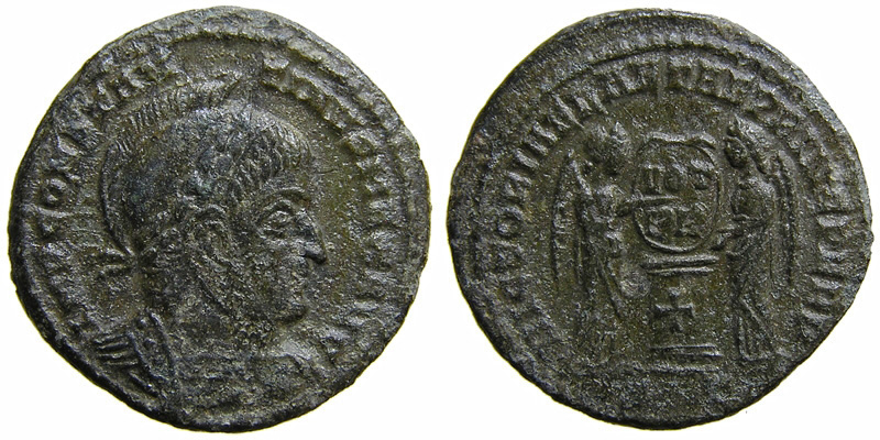 Constantine I; AE3 Ticinum; Victories flanking altar