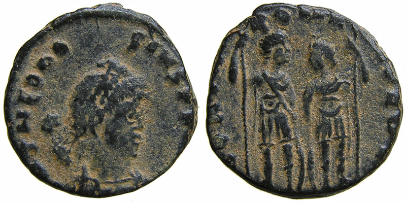 Theodosius II; AE4 Thessalonica; Theodosius II and Honorius standing