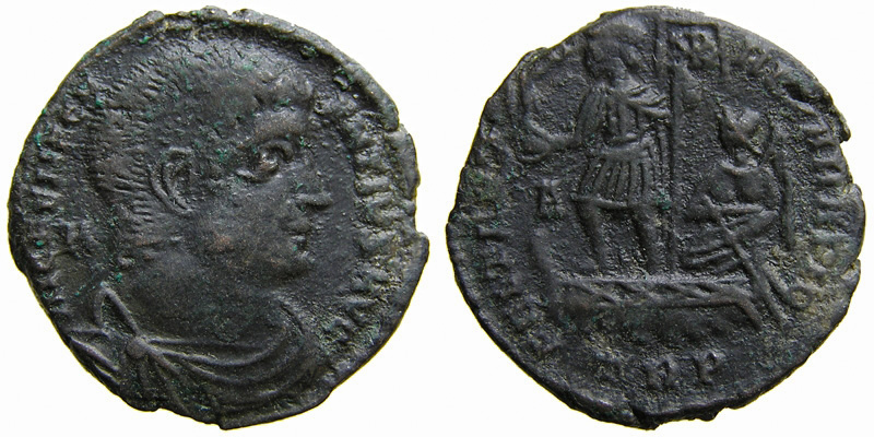 Magnentius; AE Maiorina, Treveri; emperor in galley
