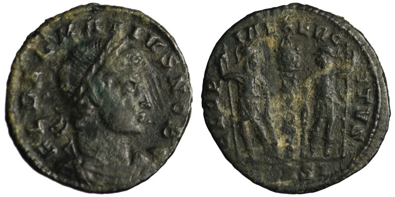 Delmatius; AE3 Constantinople; soldiers with standard