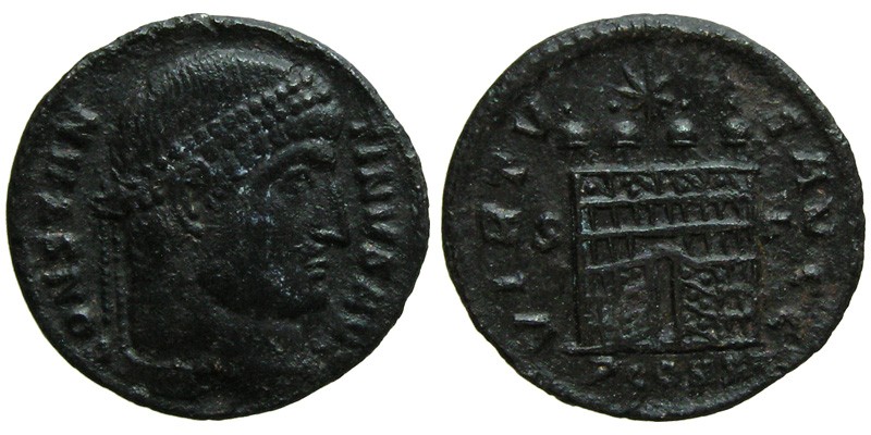 Constantine I; AE3 Arelate; camp gate